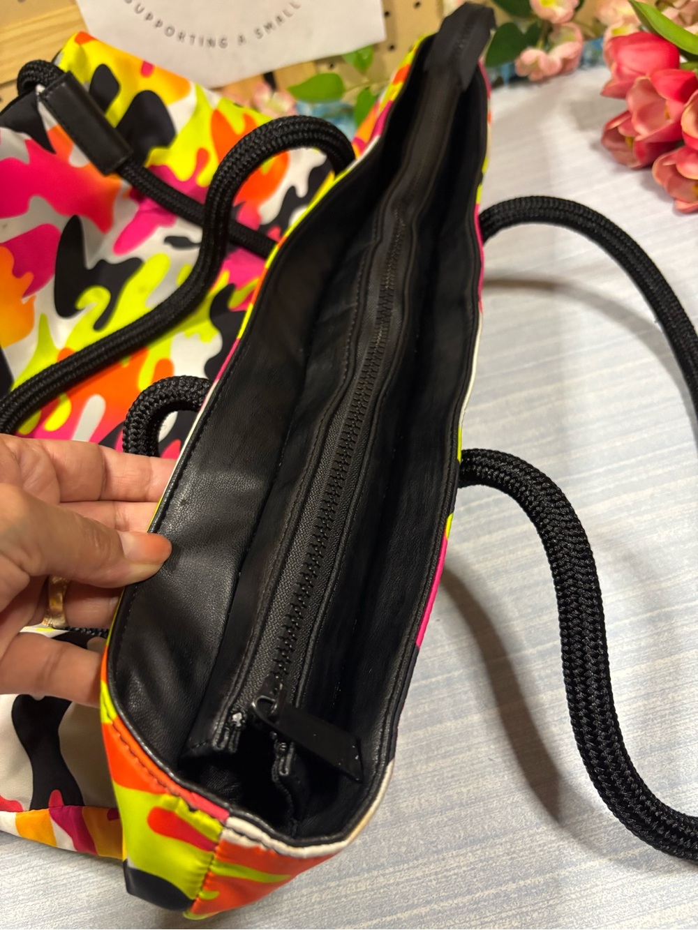 Neon Camouflage Tote Bag with Black Rope Handles pre-owned - Picture 14 of 16